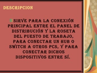 descripcion


    sirve para La conexión
 principaL entre eL paneL de
   distribución y La roseta
    deL puesto de trabajo,
   para conectar un hub o
  switch a otros pcs, y para
        conectar dichos
     dispositivos entre sí.
 