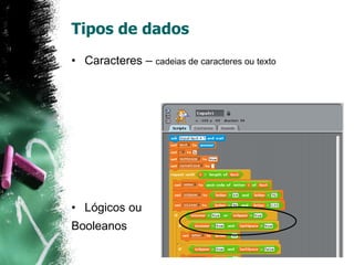 Tipos de dados
• Caracteres – cadeias de caracteres ou texto
• Lógicos ou
Booleanos
 