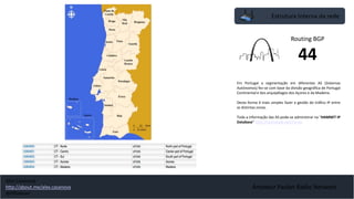 Amateur Packet Radio Network
Estrutura Interna da rede
Routing BGP
44
Em Portugal a segmentação em diferentes AS (Sistemas
Autónomos) fez-se com base da divisão geográfica de Portugal
Continental e dos arquipélagos dos Açores e da Madeira.
Desta forma é mais simples fazer a gestão do tráfico IP entre
as distintas zonas.
Toda a informação das AS pode-se administrar na “HAMNET IP
Database” http://hamnetdb.net/?m=as
Alex Casanova
http://about.me/alex.casanova
@hflistener
 