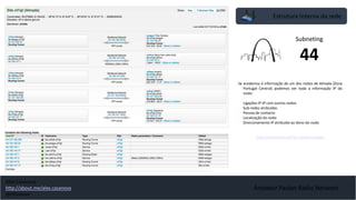 Amateur Packet Radio Network
Estrutura Interna da rede
Subneting
44
Se acedemos á informação de um dos nodos de Almada (Zona
Portugal Central) podemos ver toda a informação IP do
nodo:
- Ligações IP-IP com outros nodos
- Sub-redes atribuídas
- Pessoa de contacto
- Localização do nodo
- Direcionamento IP atribuído ao dono do nodo
http://hamnetdb.net/?m=site&q=ea4gpz
Alex Casanova
http://about.me/alex.casanova
@hflistener
 