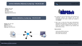 Gestão DNS
Amateur Packet Radio Network
Para a gestão dos dominios DNS existem várias propostas. Na
continuação indica-se uma proposta que se está
estandardizando entre todos os países que compõem a
rede HAMNET.
A ideal é que os nomes dos hosts sejam suficientemente
explicativos para determinar a informação do país a que
pertencem, ao sistema autónomo (AS) a que pertence, o
serviço que oferecem e debaixo de que indicativo está
administrado o serviço.
Alguns exemplos:
• router.ea5zzz.65444.es.ampr.org
• Dstar-relay.k7ve.us.ampr.org
• K7ve-x.dstar-relay.ampr.org
• serviço: router, voip
• indicativo: CTXYYY
• AS: 64852
• es: indicador de país
• ampr.org: sufixo de domínio
servico.indicativo.AS(zona).ct.ampr.org – 44.24.32.103
• Serviço: dstar, dmr, aprs
• Indicativo: K7VE
• País: es / en / pt / uk
• ampr.org: sufixo de dominio
servico.indicativo.ct.ampr.org – 44.24.32.103
Alex Casanova
http://about.me/alex.casanova
@hflistener
 