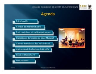 CURSO DE INDICADORES DE GESTIÓN DEL MANTENIMIENTO
Introducción
Gestión del Mantenimiento
Índices de Control en Mantenimiento
Índices de Control en Mantenimiento
Indicadores de Gestión de Clase Mundial
Análisis Estadístico de Confiabilidad
Aplicación de los Índices de Gestión
Balanced ScoreCard
Conclusiones
1‐abr‐07 Oliverio García Palencia 2
Conclusiones.
 