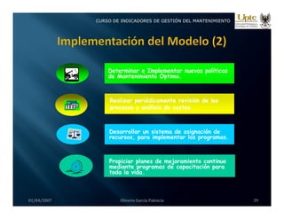 CURSO DE INDICADORES DE GESTIÓN DEL MANTENIMIENTO
í
Determinar e Implementar nuevas políticas
de Mantenimiento Optimo.
Realizar periódicamente revisión de los
procesos y análisis de costos.
Desarrollar un sistema de asignación de
recursos, para implementar los programas.
Propiciar planes de mejoramiento continuo
mediante programas de capacitación para
toda la vida.
01/04/2007 Oliverio García Palencia 39
 