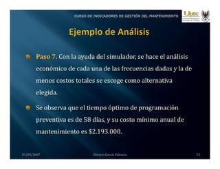CURSO DE INDICADORES DE GESTIÓN DEL MANTENIMIENTO
Paso 7. Con la ayuda del simulador, se hace el análisis 
económico de cada una de las frecuencias dadas y la de 
menos costos totales se escoge como alternativa 
elegida.
g
Se observa que el tiempo óptimo de programación 
preventiva es de 58 días, y su costo mínimo anual de 
mantenimiento es $2.193.000.
01/04/2007 Oliverio García Palencia 53
 