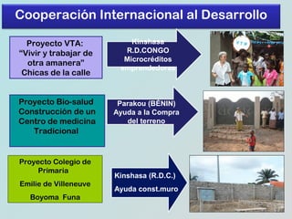 Cooperación Internacional al Desarrollo
Proyecto VTA:
“Vivir y trabajar de
otra amanera”
Chicas de la calle

Kinshasa
R.D.CONGO
Microcréditos
emprendedoras

Proyecto Bio-salud
Construcción de un
Centro de medicina
Tradicional

Parakou (BÉNIN)
Ayuda a la Compra
del terreno

Proyecto Colegio de
Primaria
Emilie de Villeneuve
Boyoma Funa

Kinshasa (R.D.C.)
Ayuda const.muro

 