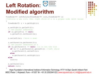 Left Rotation:
Modified algorithm
TreeNode<T> leftRotate(TreeNode<T> root,TreeNode<T> x)
//returns a new root; Pre: right child of x is a proper node (with value)
{
TreeNode<T> z = x.getRight();
x.setRight(z.getLeft());
// Set parent reference
if (z.getLeft() != null)
z.getLeft().setParent(x);
z.setLeft(x); //move x down
z.setParent(x.getParent());
// Set parent reference of x
if (x.getParent() != null) //x is not the root
if (x == x.getParent().getLeft()) //left child
x.getParent().setLeft(z);
else
x.getParent().setRight(z);
else
root=z;
x.setParent(z);
return root;
}
Hope Foundation’s International Institute of Information Technology, I²IT P-14,Rajiv Gandhi Infotech Park
MIDC Phase 1, Hinjawadi, Pune – 411057 Tel - +91 20 22933441/2/3 | www.isquareit.edu.in | info@isquareit.edu.in
 