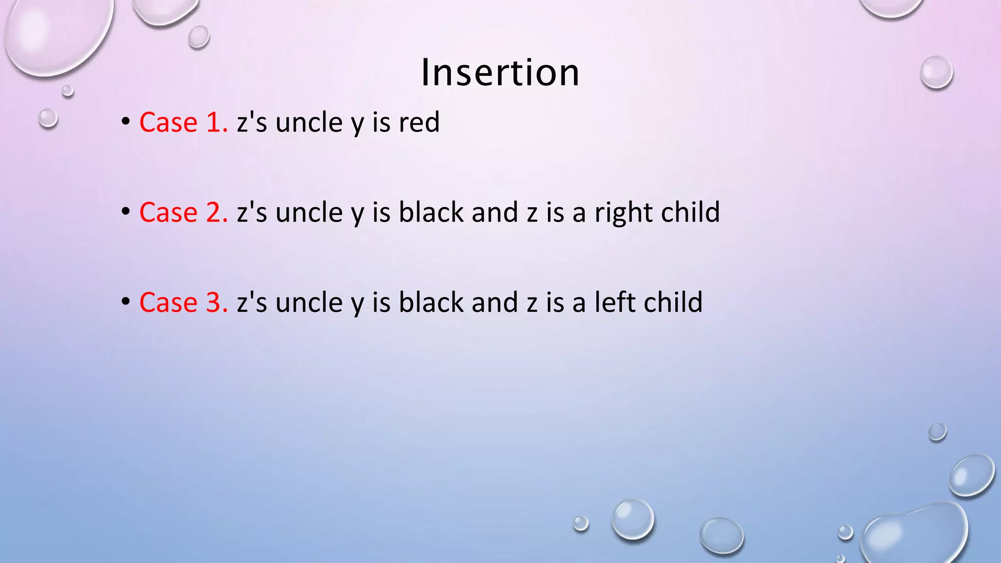 Insertion
• Case 1. z's uncle y is red
• Case 2. z's uncle y is black and z is a right child
• Case 3. z's uncle y is black and z is a left child
 