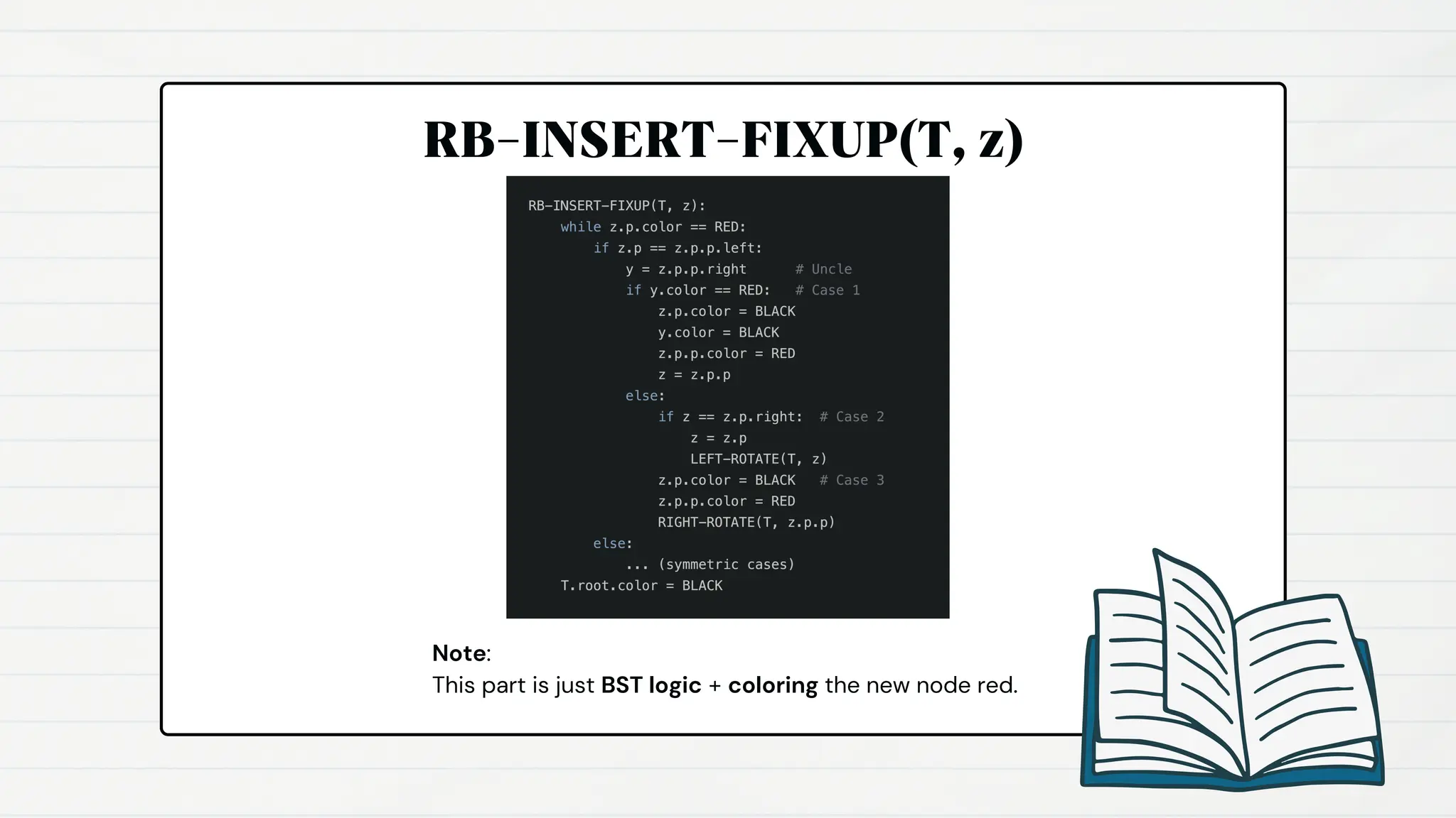 RB-INSERT-FIXUP(T, z)
Note:
This part is just BST logic + coloring the new node red.
 