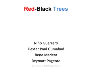 Red-Black Trees

Niño Guerrero
Dexter Paul Gumahad
Rene Madera
Reymart Pagente
Data Structure || JRMSU Computer Science

 