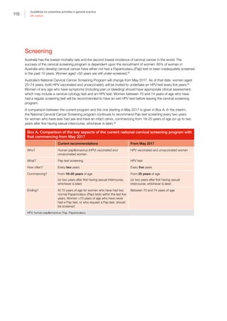 118
Guidelines for preventive activities in general practice
9th edition
Screening
Australia has the lowest mortality rate and the second lowest incidence of cervical cancer in the world. The
success of the cervical screening program is dependent upon the recruitment of women: 85% of women in
Australia who develop cervical cancer have either not had a Papanicolaou (Pap) test or been inadequately screened
in the past 10 years. Women aged 50 years are still under-screened.83
Australia’s National Cervical Cancer Screening Program will change from May 2017. As of that date, women aged
25–74 years, both HPV vaccinated and unvaccinated, will be invited to undertake an HPV test every five years.84
Women of any age who have symptoms (including pain or bleeding) should have appropriate clinical assessment,
which may include a cervical cytology test and an HPV test. Women between 70 and 74 years of age who have
had a regular screening test will be recommended to have an exit HPV test before leaving the cervical screening
program.
A comparison between the current program and the one starting in May 2017 is given in Box A. In the interim,
the National Cervical Cancer Screening program continues to recommend Pap test screening every two years
for women who have ever had sex and have an intact cervix, commencing from 18–20 years of age (or up to two
years after first having sexual intercourse, whichever is later).85
Box A. Comparison of the key aspects of the current national cervical screening program with
that commencing from May 2017
Current recommendations From May 2017
Who? Human papillomavirus (HPV) vaccinated and
unvaccinated women
HPV vaccinated and unvaccinated women
What? Pap test screening HPV test
How often? Every two years Every five years
Commencing? From 18–20 years of age
(or two years after first having sexual intercourse,
whichever is later)
From 25 years of age
(or two years after first having sexual
intercourse, whichever is later)
Ending? At 70 years of age for women who have had two
normal Papanicolaou (Pap) tests within the last five
years. Women 70 years of age who have never
had a Pap test, or who request a Pap test, should
be screened
Between 70 and 74 years of age
HPV, human papillomavirus; Pap, Papanicolaou
 