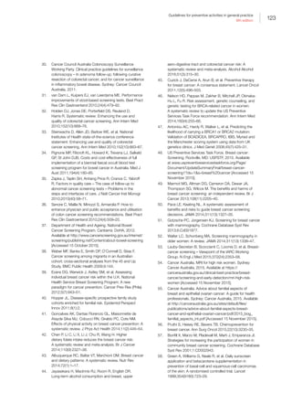 123
Guidelines for preventive activities in general practice
9th edition
30.	 Cancer Council Australia Colonoscopy Surveillance
Working Party. Clinical practice guidelines for surveillance
colonoscopy – In adenoma follow-up; following curative
resection of colorectal cancer; and for cancer surveillance
in inflammatory bowel disease. Sydney: Cancer Council
Australia, 2011.
31.	 van Dam L, Kuipers EJ, van Leerdama ME. Performance
improvements of stool-based screening tests. Best Pract
Res Clin Gastroenterol 2010;24(4):479–92.
32.	 Holden DJ, Jonas DE, Porterfield DS, Reuland D,
Harris R. Systematic review: Enhancing the use and
quality of colorectal cancer screening. Ann Intern Med
2010;152(10):668–76.
33.	 Steinwachs D, Allen JD, Barlow WE, et al. National
Institutes of Health state-of-the-science conference
statement: Enhancing use and quality of colorectal
cancer screening. Ann Intern Med 2010;152(10):663–67.
34.	 Pignone MP, Flitcroft KL, Howard K, Trevena LJ, Salkeld
GP, St John DJB. Costs and cost-effectiveness of full
implementation of a biennial faecal occult blood test
screening program for bowel cancer in Australia. Med J
Aust 2011;194(4):180–85.
35.	 Zapka J, Taplin SH, Anhang Price R, Cranos C, Yabroff
R. Factors in quality care – The case of follow-up to
abnormal cancer screening tests – Problems in the
steps and interfaces of care. J Natl Cancer Inst Monogr
2010;2010(40):58–71.
36.	 Senore C, Malila N, Minozzi S, Armarolia P. How to
enhance physician and public acceptance and utilisation
of colon cancer screening recommendations. Best Pract
Res Clin Gastroenterol 2010;24(4):509–20.
37.	 Department of Health and Ageing. National Bowel
Cancer Screening Program. Canberra: DoHA, 2012.
Available at http://www.cancerscreening.gov.au/internet/
screening/publishing.nsf/Content/about-bowel-screening
[Accessed 15 October 2015].
38.	 Weber MF, Banks E, Smith DP, O’Connell D, Sitas F.
Cancer screening among migrants in an Australian
cohort; cross-sectional analyses from the 45 and Up
Study. BMC Public Health 2009;9:144.
39.	 Evans DG, Warwick J, Astley SM, et al. Assessing
individual breast cancer risk within the U.K. National
Health Service Breast Screening Program: A new
paradigm for cancer prevention. Cancer Prev Res (Phila)
2012;5(7):943–51.
40.	 Hopper JL. Disease-specific prospective family study
cohorts enriched for familial risk. Epidemiol Perspect
Innov 2011;8(1):2.
41.	 Goncalves AK, Dantas Florencio GL, Maisonnette de
Atayde Silva MJ, Cobucci RN, Giraldo PC, Cote NM.
Effects of physical activity on breast cancer prevention: A
systematic review. J Phys Act Health 2014;11(2):445–54.
42.	 Chen P, Li C, Li X, Li J, Chu R, Wang H. Higher
dietary folate intake reduces the breast cancer risk:
A systematic review and meta-analysis. Br J Cancer
2014;110(9):2327–38.
43.	 Albuquerque RC, Baltar VT, Marchioni DM. Breast cancer
and dietary patterns: A systematic review. Nutr Rev
2014;72(1):1–17.
44.	 Jayasekara H, MacInnis RJ, Room R, English DR.
Long-term alcohol consumption and breast, upper
aero-digestive tract and colorectal cancer risk: A
systematic review and meta-analysis. Alcohol Alcohol
2016;51(3):315–30.
45.	 Cuzick J, DeCensi A, Arun B, et al. Preventive therapy
for breast cancer: A consensus statement. Lancet Oncol
2011;12(5):496–503.
46.	 Nelson HD, Pappas M, Zakher B, Mitchell JP, Okinaka-
Hu L, Fu R. Risk assessment, genetic counseling, and
genetic testing for BRCA-related cancer in women:
A systematic review to update the US Preventive
Services Task Force recommendation. Ann Intern Med
2014;160(4):255–66.
47.	 Antoniou AC, Hardy R, Walker L, et al. Predicting the
likelihood of carrying a BRCA1 or BRCA2 mutation:
Validation of BOADICEA, BRCAPRO, IBIS, Myriad and
the Manchester scoring system using data from UK
genetics clinics. J Med Genet 2008;45(7):425–31.
48.	 US Preventive Services Task Force. Breast cancer:
Screening. Rockville, MD: USPSTF, 2015. Available
at www.uspreventiveservicestaskforce.org/Page/
Document/UpdateSummaryFinal/breast-cancer-
screening1?ds=1s=breast%20cancer [Accessed 15
November 2015].
49.	 Marmot MG, Altman DG, Cameron DA, Dewar JA,
Thompson SG, Wilcox M. The benefits and harms of
breast cancer screening: an independent review. Br J
Cancer 2013;108(11):2205–40.
50.	 Pace LE, Keating NL. A systematic assessment of
benefits and risks to guide breast cancer screening
decisions. JAMA 2014;311(13):1327–35.
51.	 Gotzsche PC, Jorgensen KJ. Screening for breast cancer
with mammography. Cochrane Database Syst Rev
2013;6:Cd001877.
52.	 Walter LC, Schonberg MA. Screening mammography in
older women: A review. JAMA 2014;311(13):1336–47.
53.	 Lauby-Secretan B, Scoccianti C, Loomis D, et al. Breast-
cancer screening – Viewpoint of the IARC Working
Group. N Engl J Med 2015;372(24):2353–58.
54.	 Cancer Australia. MRI for high risk women. Sydney:
Cancer Australia, 2015. Available at https://
canceraustralia.gov.au/clinical-best-practice/breast-
cancer/screening-and-early-detection/mri-high-risk-
women [Accessed 15 November 2015].
55.	 Cancer Australia. Advice about familial aspects of
breast and epithelial ovarian cancer: A guide for health
professionals. Sydney: Cancer Australia, 2015. Available
at http://canceraustralia.gov.au/sites/default/files/
publications/advice-about-familial-aspects-breast-
cancer-and-epithelial-ovarian-cancer/pdf/2015_bog_
familial_aspects_int.pdf [Accessed 15 November 2015].
56.	 Pruthi S, Heisey RE, Bevers TB. Chemoprevention for
breast cancer. Ann Surg Oncol 2015;22(10):3230–35.
57.	 Bonfill X, Marzo M, Pladevall M, Marti J, Emparanza JI.
Strategies for increasing the participation of women in
community breast cancer screening. Cochrane Database
Syst Rev 2001;1:CD002943.
58.	 Green A, Williams G, Neale R, et al. Daily sunscreen
application and betacarotene supplementation in
prevention of basal-cell and squamous-cell carcinomas
of the skin: A randomised controlled trial. Lancet
1999;354(9180):723–29.
 