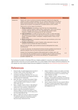 139
Guidelines for preventive activities in general practice
9th edition
Intervention Technique References
Assessment Patients with urinary incontinence should be assessed to determine the diagnostic
category as well as underlying aetiology. This can usually be determined on the basis of
history, physical examination, and urinary dipstick and culture, if indicated. A post-void
residual may be required in the assessment of possible retention and/or overflow
There are four common types of incontinence:
1.	 Stress incontinence is the leaking of urine that may occur during exercise,
coughing, sneezing, laughing, walking, lifting or playing sport. This is more common
in women, although it also occurs in men, especially after prostate surgery.
Pregnancy, childbirth and menopause are the main contributors
2.	 Urge incontinence is a sudden and strong need to urinate. It is often associated
with frequency and nocturia, and is often due to having an over-active or unstable
bladder, neurological condition, constipation, enlarged prostate or history of poor
bladder habits
3.	 Mixed incontinence is a combination of stress and urge incontinence, and is most
common in older women
4.	 Overflow incontinence as a result of bladder outflow obstruction or injury. Its
symptoms may be confused with stress incontinence
Because treatments differ, urge incontinence should be distinguished from stress
incontinence (A)
To make this distinction, the International Continence Society guidelines recommend an
extensive evaluation that is too time-consuming for primary care practice
However, the 3 Incontinence Questions (3IQ) questionnaire is a simple, quick, and
non‑invasive test with acceptable accuracy for classifying urge and stress incontinence,
and may be appropriate for use in primary care settings (A). The questionnaire is
provided in Appendix 13A
7
8, 9
The Continence Foundation of Australia (CFA) has a helpline available for consumers and healthcare professionals at
1800 33 00 66. Consumers can ask for specific help or for contact details of their nearest continence professional. The
CFA website has many evidence-based resources available for consumers at www.continence.org.au/resources.php
References
1.	 Bower W, editor. An epidemiological study of enuresis in
Australian children. Sydney: Wells Medical, 1995.
2.	 Continence Foundation of Australia. What is
incontinence: Key statistics. Brunswick, Vic: CFA, 2015.
Available at www.continence.org.au/pages/key-statistics.
html [Accessed 2015 September].
3.	 Martin RM, Vatten L, Gunnell D, Romundstad P, Nilsen
TI. Lower urinary tract symptoms and risk of prostate
cancer: The HUNT 2 Cohort, Norway. Int J Cancer
2008;123(8):1924–28.
4.	 Byles J, Chiarelli P, Hacker A, Bruin C. Help seeking for
urinary incontinence: A survey of those attending GP
waiting rooms. Aust Continence J 2003;9(1):8–15.
5.	 Shawa C, Gupta RD, Bushnell DM, Passassa R,
Abrams P, Wagg A. The extent and severity of urinary
incontinence amongst women in UK GP waiting rooms.
Fam Pract 2006;23(5):497–506.
6.	 Martin JL, Williams KS, Sutton AJ, Abrams KR, Assassa
RP. Systematic review and meta-analysis of methods
of diagnostic assessment for urinary incontinence.
Neurourol Urodyn 2006;25(7):674–83.
7.	 Staskin D, Kelleher C, Avery K, et al, editors. Committee
5: Initial assessment of incontinence. Proceedings of the
fourth international consultation on incontinence. Paris:
Health Publication Ltd, 2009.
8.	 Brown J, Bradley C, Subak L, Richter H, Kraus S,
Brubaker L. The sensitivity and specificity of a simple test
to distinguish between urge and stress incontinence. Ann
Intern Med 2006;144:715–23.
9.	 Hess R, Huang AJ, Richter HE, et al. Long-term efficacy
and safety of questionnaire-based initiation of urgency
urinary incontinence treatment. Am J Obstet Gynecol
2013;209(3):244, e1–9.
 