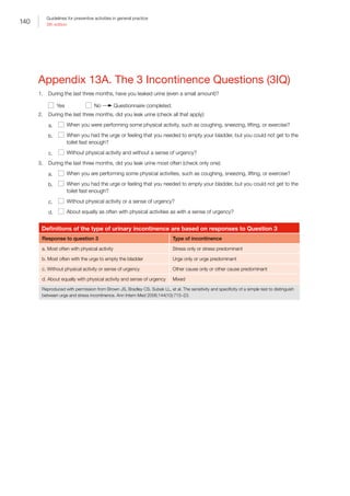 140
Guidelines for preventive activities in general practice
9th edition
Appendix 13A. The 3 Incontinence Questions (3IQ)
1.	 During the last three months, have you leaked urine (even a small amount)?
	 Yes     No Questionnaire completed.
2.	 During the last three months, did you leak urine (check all that apply):
a.	 When you were performing some physical activity, such as coughing, sneezing, lifting, or exercise?
b.	 When you had the urge or feeling that you needed to empty your bladder, but you could not get to the
toilet fast enough?
c.	 Without physical activity and without a sense of urgency?
3.	 During the last three months, did you leak urine most often (check only one):
a.	 When you are performing some physical activities, such as coughing, sneezing, lifting, or exercise?
b.	 When you had the urge or feeling that you needed to empty your bladder, but you could not get to the
toilet fast enough?
c.	 Without physical activity or a sense of urgency?
d.	 About equally as often with physical activities as with a sense of urgency?
Definitions of the type of urinary incontinence are based on responses to Question 3
Response to question 3 Type of incontinence
a. Most often with physical activity Stress only or stress predominant
b. Most often with the urge to empty the bladder Urge only or urge predominant
c. Without physical activity or sense of urgency Other cause only or other cause predominant
d. About equally with physical activity and sense of urgency Mixed
Reproduced with permission from Brown JS, Bradley CS, Subak LL, et al. The sensitivity and specificity of a simple test to distinguish
between urge and stress incontinence. Ann Intern Med 2006;144(10):715–23.
 