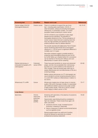 149
Guidelines for preventive activities in general practice
9th edition
Screening test Condition Reason not to use References
Cancer antigen (CA)125/
transvaginal ultrasound
Ovarian cancer There is no evidence to support the use of any
test – including pelvic examination, CA125, or
other biomarkers, ultrasound (including transvaginal
ultrasound), or combination of tests – for routine
population-based screening for ovarian cancer
CA125 is limited by poor sensitivity in early-stage
disease and low specificity. The specificity of
transvaginal ultrasound is low. The low prevalence of
ovarian cancer means that even screening tests that
have very high sensitivity and specificity have a low
positive predictive value for disease detection
The recently reported UK Collaborative Trial of Ovarian
Cancer Screening (UKCTOCS) trial of transvaginal
ultrasound +/– CA125 found no significant difference in
mortality over 0–14 years
Secondary analyses suggest a possible benefit of
screening using transvaginal ultrasound and CA125,
but further follow-up is needed before firm conclusions
can be reached on the long-term efficacy and cost-
effectiveness of ovarian cancer screening
46, 57–61
Optical colonoscopy or
computed tomography (CT)
colonography‡
Colorectal
cancer (CRC)
These have good sensitivity for cancer and advanced
polyps, and are more acceptable than colonoscopy,
but there is no current evidence of the reduction of
CRC mortality. There are several trials under way to
assess effectiveness and cost effectiveness of this as a
screening strategy
Neither optical colonoscopy nor CT colonography are
recommended for primary screening because there is
no current RCT evidence of effectiveness in relation to
any harms
62–69
Whole-body CT or MRI Cancer Whole-body imaging has not been shown to improve
quality of life and/or decrease mortality. It is associated
with additional radiation exposure and a high number
of false positive results. There are no RCTs of whole-
body imaging to detect cancer or CVD
70–77
Lung disease
Spirometry Chronic
obstructive
pulmonary
disease
(COPD)
Screening with spirometry in the absence of symptoms
has no net benefit
Opportunistic case-finding should be considered in
high-risk individuals. These include those aged 40
years, plus either:
•	 symptoms (chronic cough, increased sputum
production, wheezing or dyspnoea)
•	 history of exposure to relevant environmental factors
such as cigarette smoke
Several questionnaires§
are useful and if positive,
should be followed by spirometry by a trained
professional (consensus statement)
78–83
 