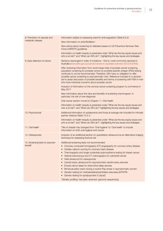 17
Guidelines for preventive activities in general practice
9th edition
8. Prevention of vascular and
metabolic disease
Information added on assessing need for anticoagulation (Table 8.5.2)
New information on atrial fibrillation
New advice about screening for diabetes based on US Preventive Services Task
Force (USPSTF) guidelines
Information on health inequity is presented under ‘What are the key equity issues and
who is at risk?’ and ‘What can GPs do?’, highlighting the key issues and strategies
9. Early detection of cancer Sections rearranged in order of incidence – that is, most commonly reported in
Australia (www.aihw.gov.au/cancer/cancer-in-australia-overview-2012/ch2/#t3)
After reviewing information from recent large trials of prostate cancer screening,
population screening for prostate cancer by prostate-specific antigen (PSA) testing
continues to not be recommended. Therefore, GPs have no obligation to offer
prostate cancer screening to asymptomatic men. Reference included to a decision
aid to assist discussion of possible benefits and harms of screening with PSA in men
who have individual concerns about prostate cancer
Inclusion of information on the cervical cancer screening program to commence in
May 2017
New information about the risks and benefits of screening mammogram; in
particular, the risk of over-diagnosis
Oral cancer section moved to Chapter 11. Oral health
Information on health inequity is presented under ‘What are the key equity issues and
who is at risk?’ and ‘What can GPs do?’ highlighting the key issues and strategies
10. Psychosocial Additional information on adolescents and those at average risk included for intimate
partner violence (Table 10.3.1)
Information on health inequity is presented under ‘What are the key equity issues and
who is at risk?’ and ‘What can GPs do?’, highlighting the key issues and strategies
11. Oral health Title of chapter has changed from ‘Oral hygiene’ to ‘Oral health’ to include
information on both oral hygiene and cancer
14. Osteoporosis Inclusion of an additional section on quantitative ultrasound as an alternative imaging
technique for assessing fracture risk
15. Screening tests of unproven
benefit
Additional screening tests not recommended:
•	 Coronary computed tomography (CT) angiography for coronary artery disease
•	 Cardiac calcium scoring for coronary heart disease
•	 Thermography and single nucleotide polymorphisms testing for breast cancer
•	 Optical colonoscopy and CT colonography for colorectal cancer
•	 Heel ultrasound for osteoporosis
•	 Carotid artery ultrasound for asymptomatic carotid artery stenosis
•	 Enquiry about sleep for obstructive sleep apnoea
•	 Bimanual pelvic exam during a routine Pap smear in asymptomatic women
•	 Genetic testing for methylenetetrahydrofolate reductase (MTHFR)
•	 Genetic testing for apolipoprotein E (ApoE)
‘Genetic profiling’ has been renamed ‘genomic sequencing’
 