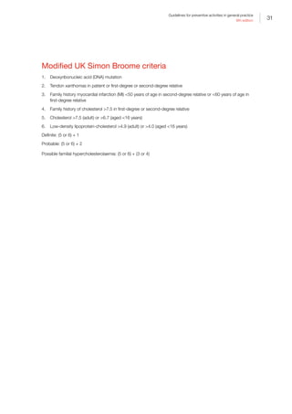 31
Guidelines for preventive activities in general practice
9th edition
Modified UK Simon Broome criteria
1.	 Deoxyribonucleic acid (DNA) mutation
2.	 Tendon xanthomas in patient or first-degree or second-degree relative
3.	 Family history myocardial infarction (MI) 50 years of age in second-degree relative or 60 years of age in
first-degree relative
4.	 Family history of cholesterol 7.5 in first-degree or second-degree relative
5.	 Cholesterol 7.5 (adult) or 6.7 (aged 16 years)
6.	 Low-density lipoprotein-cholesterol 4.9 (adult) or 4.0 (aged 16 years)
Definite: (5 or 6) + 1
Probable: (5 or 6) + 2
Possible familial hypercholesterolaemia: (5 or 6) + (3 or 4)
 