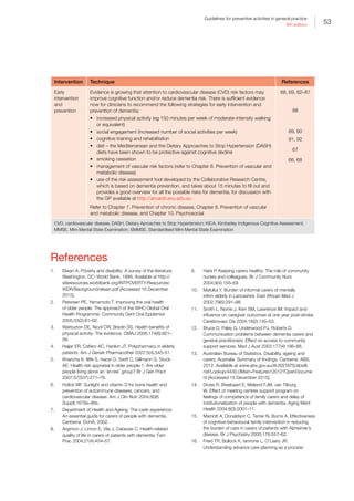 53
Guidelines for preventive activities in general practice
9th edition
Intervention Technique References
Early
intervention
and
prevention
Evidence is growing that attention to cardiovascular disease (CVD) risk factors may
improve cognitive function and/or reduce dementia risk. There is sufficient evidence
now for clinicians to recommend the following strategies for early intervention and
prevention of dementia:
•	 increased physical activity (eg 150 minutes per week of moderate-intensity walking
or equivalent)
•	 social engagement (increased number of social activities per week)
•	 cognitive training and rehabilitation
•	 diet – the Mediterranean and the Dietary Approaches to Stop Hypertension (DASH)
diets have been shown to be protective against cognitive decline
•	 smoking cessation
•	 management of vascular risk factors (refer to Chapter 8. Prevention of vascular and
metabolic disease)
•	 use of the risk assessment tool developed by the Collaborative Research Centre,
which is based on dementia prevention, and takes about 15 minutes to fill out and
provides a good overview for all the possible risks for dementia, for discussion with
the GP available at http://anuadri.anu.edu.au
Refer to Chapter 7. Prevention of chronic disease, Chapter 8. Prevention of vascular
and metabolic disease, and Chapter 10. Psychosocial
68, 69, 82–87
88
89, 90
91, 92
67
66, 68
CVD, cardiovascular disease; DASH, Dietary Aproaches to Stop Hypertension; KICA, Kimberley Indigenous Cognitive Assessment;
MMSE, Mini-Mental State Examination; SMMSE, Standardised Mini-Mental State Examination
References
1.	 Elwan A. Poverty and disability: A survey of the literature.
Washington, DC: World Bank, 1999. Available at http://
siteresources.worldbank.org/INTPOVERTY/Resources/
WDR/Background/elwan.pdf [Accessed 16 December
2015].
2.	 Petersen PE, Yamamoto T. Improving the oral health
of older people: The approach of the WHO Global Oral
Health Programme. Community Dent Oral Epidemiol
2005;33(2):81–92.
3.	 Warburton DE, Nicol CW, Bredin SS. Health benefits of
physical activity: The evidence. CMAJ 2006;174(6):801–
09.
4.	 Hajjar ER, Cafiero AC, Hanlon JT. Polypharmacy in elderly
patients. Am J Geriatr Pharmacother 2007;5(4):345–51.
5.	 Kharicha K, Iliffe S, Harari D, Swift C, Gillmann G, Stuck
AE. Health risk appraisal in older people 1: Are older
people living alone an ‘at-risk’ group? Br J Gen Pract
2007;57(537):271–76.
6.	 Holick MF. Sunlight and vitamin D for bone health and
prevention of autoimmune diseases, cancers, and
cardiovascular disease. Am J Clin Nutr 2004;80(6
Suppl):1678s–88s.
7.	 Department of Health and Ageing. The carer experience:
An essential guide for carers of people with dementia.
Canberra: DoHA, 2002.
8.	 Argimon J, Limon E, Vila J, Cabezas C. Health-related
quality of life in carers of patients with dementia. Fam
Prac 2004;21(4):454–57.
9.	 Hare P. Keeping carers healthy: The role of community
nurses and colleagues. Br J Community Nurs
2004;9(4):155–59.
10.	 Mafullul Y. Burden of informal carers of mentally
infirm elderly in Lancashire. East African Med J
2002;79(6):291–98.
11.	 Smith L, Norrie J, Kerr SM, Lawrence IM. Impact and
influence on caregiver outcomes at one year post-stroke.
Cerebrovasc Dis 2004;18(2):145–53.
12.	 Bruce D, Paley G, Underwood PJ, Roberts D.
Communication problems between dementia carers and
general practitioners: Effect on access to community
support services. Med J Aust 2002;177(4):186–88.
13.	 Australian Bureau of Statistics. Disability, ageing and
carers, Australia: Summary of findings. Canberra: ABS,
2012. Available at www.abs.gov.au/AUSSTATS/abs@.
nsf/Lookup/4430.0Main+Features12012?OpenDocume
nt [Accessed 15 December 2015].
14.	 Droes R, Breebaart E, Meiland FJM, van Tilburg
W. Effect of meeting centres support program on
feelings of competence of family carers and delay of
institutionalization of people with dementia. Aging Ment
Health 2004;8(3):2001–11.
15.	 Marriott A, Donaldson C, Tarrier N, Burns A. Effectiveness
of cognitive-behavioural family intervention in reducing
the burden of care in carers of patients with Alzheimer’s
disease. Br J Psychiatry 2000;176:557–62.
16.	 Fried TR, Bullock K, Iannone L, O’Leary JR.
Understanding advance care planning as a process
 