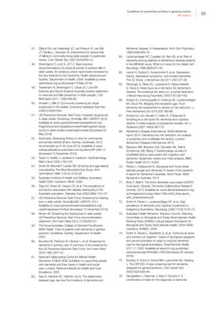 55
Guidelines for preventive activities in general practice
9th edition
47.	 Zijlstra GA, van Haastregt JC, van Rossum E, van Eijk
JT, Yardley L, Kempen GI. Interventions to reduce fear
of falling in community-living older people: A systematic
review. J Am Geriatr Soc 2007;55(4):603–15.
48.	 Sherrington C, Lord S, JCT C. Best-practice
recommendations for physical activity to prevent falls in
older adults: An evidence check rapid review brokered by
the Sax Institute for the Centre for Health Advancement.
Sydney: Department of Health, 2008. Available at www.
saxinstitute.org.au [Accessed 15 May 2016].
49.	 Tiedemann A, Sherrington C, Close JC, Lord SR.
Exercise and Sports Science Australia position statement
on exercise and falls prevention in older people. J Sci
Med Sport 2011; 14(6):489–95.
50.	 Smeeth L, Iliffe S. Community screening for visual
impairment in the elderly. Cochrane Database Syst Rev
2006;3:CD001054.
51.	 US Preventive Services Task Force. Impaired visual acuity
in older adults: Screening. Rockville, MD: USPSTF, 2016.
Available at www.uspreventiveservicestaskforce.org/
Page/Document/UpdateSummaryFinal/impaired-visual-
acuity-in-older-adults-screening#consider [Accessed 23
May 2016].
52.	 Austroads. Assessing fitness to drive for commercial
and private vehicle drivers. Sydney: Austroads, 2012
(as amended up to 30 June 2014). Available at www.
onlinepublications.austroads.com.au/items/AP-G56-13
[Accessed 15 December 2015].
53.	 Taylor H, Keeffe J. Updates in medicine: Ophthalmology.
Med J Aust 2002;176(1):29.
54.	 Smith W, Mitchell P, Leeder SR. Smoking and age-related
maculopathy. The Blue Mountains Eye Study. Arch
Ophthalmol 1996;114(12):1518–23.
55.	 Australian Institute of Health and Welfare. Australia’s
health 2006. Canberra: AIHW, 2006.
56.	 Tapp RJ, Shaw JE, Harper CA, et al. The prevalence of
and factors associated with diabetic retinopathy in the
Australian population. Diabetes Care 2003;26(6):1731–37.
57.	 US Preventive Services Task Force. Screening for hearing
loss in older adults. Rockville MD: USPSTF, 2011.
Available at www.uspreventiveservicestaskforce.org/
uspstf/uspshear.htm#top [Accessed 15 December 2015].
58.	 Moyer VA. Screening for hearing loss in older adults:
US Preventive Services Task Force recommendation
statement. Ann Intern Med 2012;157(9):655–61.
59.	 The Royal Australian College of General Practitioners,
NSW Health. Care of patients with dementia in general
practice: Guidelines. Sydney: Department of Health,
2003.
60.	 Boustani M, Peterson B, Hanson L, et al. Screening for
dementia in primary care: A summary of the evidence for
the US Preventive Services Task Force. Ann Intern Med
2003;138(1):927–37.
61.	 National Collaborating Centre for Mental Health.
Dementia: A NICE-SCIE Guideline on supporting people
with dementia and their carers in health and social
care. London: National Institute for Health and Care
Excellence, 2007.
62.	 Gao S, Hendrie HC, Hall KS, Hui S. The relationship
between age, sex and the incidence of dementia and
Alzheimer disease: A metaanalysis. Arch Gen Psychiatry
1998;55(9):809–15.
63.	 Lautenschlager NT, Cupples LA, Rao VS, et al. Risk of
dementia among relatives of Alzheimer’s disease patients
in the MIRAGE study: What is in store for the oldest old?
Neurology 1996;46(3):641–50.
64.	 Lenoir H, Dufouil C, Auriacombe S, et al. Depression
history, depressive symptoms, and incident dementia:
The 3C Study. J Alzheimers Dis 2011;26(1):27–38.
65.	 Fleminger S, Oliver DL, Lovestone S, Rabe-Hesketh
S, Giora A. Head injury as a risk factor for Alzheimer’s
disease: The evidence ten years on; a partial replication.
J Neurol Neurosurg Psychiatry 2003;74(7):857–62.
66.	 Anstey KJ, Eramudugolla R, Hosking DE, Lautenschlager
NT, Dixon RA. Bridging the translation gap: From
dementia risk assessment to advice on risk reduction. J
Prev Alzheimers Dis 2015;2(3):189–98.
67.	 Anstey KJ, von Sanden C, Salim A, O’Kearney R.
Smoking as a risk factor for dementia and cognitive
decline: A meta-analysis of prospective studies. Am J
Epidemiol 2007;166(4):367–78.
68.	 Alzheimer’s Disease International. World Alzheimer
report 2014. Dementia and risk reduction. An analysis
of protective and modifiable risk factors. London:
Alzheimer’s Disease International, 2014.
69.	 Beydoun MA, Beydoun HA, Gamaldo AA, Teel A,
Zonderman AB, Wang Y. Epidemiologic studies of
modifiable factors associated with cognition and
dementia: Systematic review and meta-analysis. BMC
Public Health 2014;14:643.
70.	 Flicker L, Holdsworth K. Aboriginal and Torres Strait
Islander people and dementia: A review of the research.
A report for Alzheimer’s Australia. North Ryde, NSW:
Alzheimer’s Australia, 2014.
71.	 Broe T, Wall S. The Koori dementia care project (KDCP):
Final report. Sydney: Dementia Collaborative Research
Centres, 2013. Available at: www.dementiaresearch.org.
au/images/dcrc/output-files/1288-cb55_final_report_
with_amendments.pdf
72.	 Smith K, Flicker L, Lautenschlager NT, et al. High
prevalence of dementia and cognitive impairment in
Indigenous Australians. Neurology 2008;71(19):1470–73.
73.	 Australian Health Ministers’ Advisory Council. Standing
Committee on Aboriginal and Torres Strait Islander Health
Working Party. AHMAC cultural respect framework for
Aboriginal and Torres Strait Islander health, 2004–2009.
Canberra: AHMAC, 2004.
74.	 Smith K, Flicker L, Shadforth G, et al. ‘Gotta be sit down
and worked out together’: Views of Aboriginal caregivers
and service providers on ways to improve dementia
care for Aboriginal Australians. Rural Remote Health.
2011;11:1650: Available at www.rrh.org.au/articles/
subviewnew.asp?ArticleID=1650 [Accessed 26 January
2016].
75.	 Brodaty H, Pond D, Kemp NM, Luscombe GS, Harding
L. The GPCOG: A new screening test for dementia
designed for general practice. J Am Geriatr Soc
2002;50(3):530–34.
76.	 DeLepeleire J, Heyrman J, Baro F, Buntinx F. A
combination of tests for the diagnosis of dementia
 