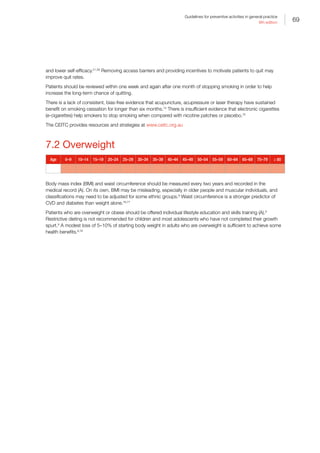 69
Guidelines for preventive activities in general practice
9th edition
and lower self-efficacy.21,28
Removing access barriers and providing incentives to motivate patients to quit may
improve quit rates.
Patients should be reviewed within one week and again after one month of stopping smoking in order to help
increase the long-term chance of quitting.
There is a lack of consistent, bias-free evidence that acupuncture, acupressure or laser therapy have sustained
benefit on smoking cessation for longer than six months.74
There is insufficient evidence that electronic cigarettes
(e-cigarettes) help smokers to stop smoking when compared with nicotine patches or placebo.75
The CEITC provides resources and strategies at www.ceitc.org.au
7.2 Overweight
Age 0–9 10–14 15–19 20–24 25–29 30–34 35–39 40–44 45–49 50–54 55–59 60–64 65–69 70–79 ≥ 80
Body mass index (BMI) and waist circumference should be measured every two years and recorded in the
medical record (A). On its own, BMI may be misleading, especially in older people and muscular individuals, and
classifications may need to be adjusted for some ethnic groups.9
Waist circumference is a stronger predictor of
CVD and diabetes than weight alone.76,77
Patients who are overweight or obese should be offered individual lifestyle education and skills training (A).9
Restrictive dieting is not recommended for children and most adolescents who have not completed their growth
spurt.9
A modest loss of 5–10% of starting body weight in adults who are overweight is sufficient to achieve some
health benefits.9,78
 