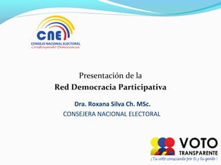 Dra. Roxana Silva Ch. MSc.
CONSEJERA NACIONAL ELECTORAL
Presentación de la
Red Ciudadanía Participativa
 