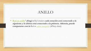ANILLO
• Red en anillo' (ring) o Red circular: cada estación está conectada a la
siguiente y la última está conectada a la primera. Además, puede
compararse con la Red en cadena margarita (dDaisy chain).
 
