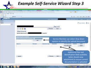 7
Example Self-Service Wizard Step 3
Service Member can select drop down
options to identify the upload document
Additional free text
identification field available.
Sailor should view
attachment to ensure correct
documentation is uploaded
 