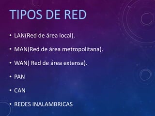 • LAN(Red de área local).
• MAN(Red de área metropolitana).
• WAN( Red de área extensa).
• PAN
• CAN
• REDES INALAMBRICAS
 