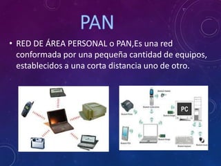 • RED DE ÁREA PERSONAL o PAN,Es una red
conformada por una pequeña cantidad de equipos,
establecidos a una corta distancia uno de otro.
 