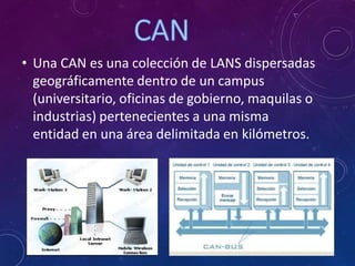 • Una CAN es una colección de LANS dispersadas
geográficamente dentro de un campus
(universitario, oficinas de gobierno, maquilas o
industrias) pertenecientes a una misma
entidad en una área delimitada en kilómetros.
 