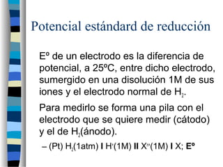 Potencial estándard de reducción
Eº de un electrodo es la diferencia de
potencial, a 25ºC, entre dicho electrodo,
sumergido en una disolución 1M de sus
iones y el electrodo normal de H2.
Para medirlo se forma una pila con el
electrodo que se quiere medir (cátodo)
y el de H2(ánodo).
– (Pt) H2(1atm) I H+
(1M) II Xn+
(1M) I X; Eº
 