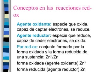 Conceptos en las reacciones red-
ox
Agente oxidante: especie que oxida,
capaz de captar electrones, se reduce.
Agente reductor: especie que reduce,
capaz de ceder electrones, se oxida.
Par red-ox: conjunto formado por la
forma oxidada y la forma reducida de
una sustancia: Zn2+
/Zn
forma oxidada (agente oxidante) Zn2+
forma reducida (agente reductor) Zn
 