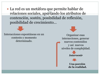  La red es un metáfora que permite hablar de
    relaciones sociales, aportando los atributos de
    contención, sostén, posibilidad de reflexión,
    posibilidad de crecimiento…


Interacciones espontáneas en un        Organizar esas
      contexto y momento           interacciones, generar
          determinado.               nuevos contenidos
                                        y así nuevos
                                   niveles de complejidad.

                                         Intervenir


                                        Una porción
                                        de la realidad.
 