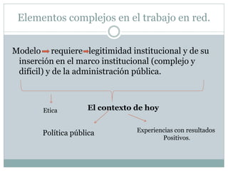 Elementos complejos en el trabajo en red.


Modelo requiere legitimidad institucional y de su
 inserción en el marco institucional (complejo y
 difícil) y de la administración pública.



       Etica        El contexto de hoy


       Política pública         Experiencias con resultados
                                        Positivos.
 