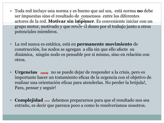  Toda red incluye una norma y es bueno que así sea, está norma no debe
  ser impuestas sino el resultado de consensos entre los diferentes
  actores de la red. Motivar sin imponer. Es conveniente iniciar con un
  grupo motor, motivado y que revele el deseo por el trabajo junto a otros
  potenciales miembros.

 La red nunca es estática, está en permanente movimiento de
  construcción, los nodos se agregan a ella sin que ello afecte su
  dinámica, ningún nodo es pensable por si mismo, sino en relación con
  otros.

 Urgencias          no se puede dejar de responder a la crisis, pero es
  importante hacer un tratamiento eficaz de la urgencia con el objetivo de
  realizar una orientación eficaz para atenderlas. No perder la brújula!,
  Para, pensar y seguir!

 Complejidad         debemos prepararnos para que el resultado nos sea
  extraño, es decir que parezca poco a como lo resolveríamos nosotros.
 