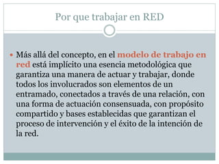 Por que trabajar en RED


 Más allá del concepto, en el modelo de trabajo en
 red está implícito una esencia metodológica que
 garantiza una manera de actuar y trabajar, donde
 todos los involucrados son elementos de un
 entramado, conectados a través de una relación, con
 una forma de actuación consensuada, con propósito
 compartido y bases establecidas que garantizan el
 proceso de intervención y el éxito de la intención de
 la red.
 