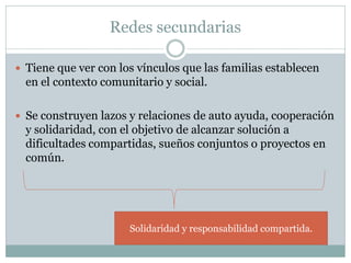 Redes secundarias

 Tiene que ver con los vínculos que las familias establecen
  en el contexto comunitario y social.

 Se construyen lazos y relaciones de auto ayuda, cooperación
  y solidaridad, con el objetivo de alcanzar solución a
  dificultades compartidas, sueños conjuntos o proyectos en
  común.




                      Solidaridad y responsabilidad compartida.
 