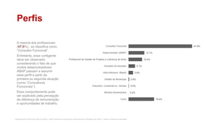 Pesquisa de Profissionais SAP no Brasil – Red Commerce Consultoria e Recrutamento © Março de 2016 – Todos os direitos reservados
19.4%
0.2%
0.5%
0.8%
3.6%
5.1%
10.4%
12.1%
47.9%
Outro
Ministra treinamentos
Executivo, Comercial ou Vendas
Gestão de Mudanças
Infra-Estrutura (Basis)
Arquiteto de soluções
Profissional de Gestão de Projetos e Liderança de times
Desenvolvedor (ABAP)
Consultor Funcional
Perfis
A maioria dos profissionais
(47,9%), se classifica como
“Consultor Funcional”.
Entretanto, esse contigente
deve ser observado
considerando o fato de que
muitos desenvolvedores
ABAP passam a assumir
esse perfil a partir da
primeira ou segunda atuação
(como “Consultores
Funcionais”).
Esse comportamento pode
ser explicado pela percepção
de diferença de remuneração
e oportunidades de trabalho.
 