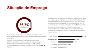 Pesquisa de Profissionais SAP no Brasil – Red Commerce Consultoria e Recrutamento © Março de 2016 – Todos os direitos reservados
Situação de Emprego
Quando perguntado sobre a situação de emprego atual, a
maioria (86,7%) respodeu que está empregada e/ou alocada em
um projeto.
Também perguntamos por quanto tempo mais esses
profissionais esperam continuar alocado e/ou empregado. A
maior parte das respostas indicou que 41.75% desses
profissionais esperam finalizar o projeto ou contrato em até 12
meses.
Ainda sobre os profissionais empregados, perguntamos “Qual
a duração original do projeto ou contrato de trabalho atual?”,
de forma a entender qual a duração média atual dos projetos
e/ou alocações. A maioria (34,27%) respondeu que está no
cliente/projeto ou contrato de trabalho atual a 2 anos ou mais.
Somado a outros indicadores, é possível estimar que
aproximadamente 1/3 dos profissionais empregados está
atuando em contratos de suporte e manutenção, de duração
indeterminada.
86,7%
empregado
 