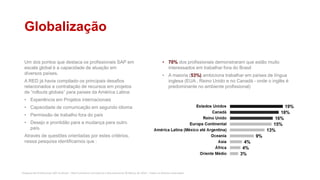 Pesquisa de Profissionais SAP no Brasil – Red Commerce Consultoria e Recrutamento © Março de 2016 – Todos os direitos reservados
Globalização
Um dos pontos que destaca os profissionais SAP em
escala global é a capacidade de atuação em
diversos países.
A RED já havia compilado os principais desafios
relacionados a contratação de recursos em projetos
de “rollouts globais” para países da América Latina:
• Experiência em Projetos internacionais
• Capacidade de comunicação em segundo idioma
• Permissão de trabalho fora do país
• Desejo e prontidão para a mudança para outro
país.
Através de questões orientadas por estes critérios,
nessa pesquisa identificamos que :
• 70% dos profissionais demonstraram que estão muito
interessados em trabalhar fora do Brasil
• A maioria (53%) ambiciona trabalhar em países de língua
inglesa (EUA , Reino Unido e no Canadá - onde o inglês é
predominante no ambiente profissional)
 