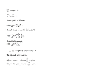 Al integrar se obtiene:




Devolviendo el cambio de variable




Solución Generada:




  C-

Verificando si es exacta:
 
