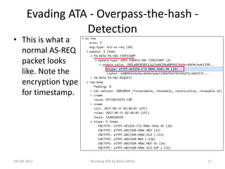 Evading ATA - Overpass-the-hash -
Detection
• This is what a
normal AS-REQ
packet looks
like. Note the
encryption type
for...