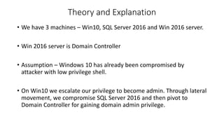 Theory and Explanation
• We have 3 machines – Win10, SQL Server 2016 and Win 2016 server.
• Win 2016 server is Domain Controller
• Assumption – Windows 10 has already been compromised by
attacker with low privilege shell.
• On Win10 we escalate our privilege to become admin. Through lateral
movement, we compromise SQL Server 2016 and then pivot to
Domain Controller for gaining domain admin privilege.
 