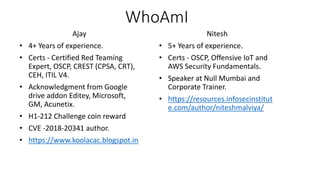 WhoAmI
Ajay
• 4+ Years of experience.
• Certs - Certified Red Teaming
Expert, OSCP, CREST (CPSA, CRT),
CEH, ITIL V4.
• Acknowledgment from Google
drive addon Editey, Microsoft,
GM, Acunetix.
• H1-212 Challenge coin reward
• CVE -2018-20341 author.
• https://www.koolacac.blogspot.in
Nitesh
• 5+ Years of experience.
• Certs - OSCP, Offensive IoT and
AWS Security Fundamentals.
• Speaker at Null Mumbai and
Corporate Trainer.
• https://resources.infosecinstitut
e.com/author/niteshmalviya/
 