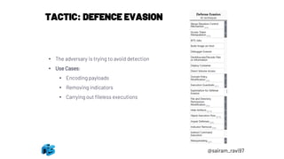 TACTIC: DEFENCE EVASION
• The adversary is trying to avoid detection
• Use Cases:
• Encoding payloads
• Removing indicators
• Carrying out fileless executions
@sairam_ravi97
 