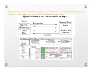 Nagios: continuamente comprueba los estados de los dispositivos, usa muchos complementos que se
actualizan, consulta el es...