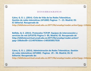 DATOS BIBLIOGRAFICOS
Calvo, G. Á. L. (2014). Ciclo de Vida de las Redes Telemáticas.
Gestión de redes telemáticas (UF1880)...
