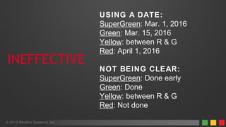 USING A DATE:
SuperGreen: Mar. 1, 2016
Green: Mar. 15, 2016
Yellow: between R & G
Red: April 1, 2016
NOT BEING CLEAR:
SuperGreen: Done early
Green: Done
Yellow: between R & G
Red: Not done
INEFFECTIVE
© 2015 Rhythm Systems, Inc.
 