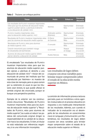 Tabla 2  Titulares con enfoque positivo
Titular Medio Énfasis en
Estrategia
discursiva
Los resultados de PLANEA muestran importantes
retos para que los alumnos de educación media
superior puedan ejercer, a plenitud, el derecho
a una educación de calidad: INEE
Notimex
Oportunidad
Reto
Orientada
a la acción
PLANEA muestra importantes retos
para la educación media superior: INEE
Ordenador político
(Edomex)
Oportunidad
Reto
Orientada
a la acción
Resultados de PLANEA muestran importantes retos
para los alumnos de educación media superior
El Diario
de Coahuila
Oportunidad
Reto
Orientada
a la acción
Resultados de PLANEA, retos para alumnos
de media superior: INEE
E-consulta
Oportunidad
Reto
Orientada
a la acción
Crearán mecanismo para combatir rezago
de estudiantes de bachillerato
La Jornada
Ataque
al rezago
Orientada
a la acción
Alumnos de educación media superior deben
ejercer derecho a educación de calidad
Puebla Noticias Reto
Orientada
a la acción
El encabezado “Los resultados de PLANEA
muestran importantes retos para que los
alumnos de educación media superior pue-
dan ejercer, a plenitud, el derecho a una
educación de calidad: INEE”—titular del co-
municado de prensa del Instituto que fue
reproducido por Notimex— es muestra de
esta clase de mensajes, pero es poco común
por su extensión, lo usual es que los titu-
lares sean breves, lo que puede afectar el
sentido original del enunciado, aunque se
busque una perspectiva positiva.
Ejemplo de lo anterior son las construc-
ciones discursivas “Resultados de PLANEA
muestran importantes retos para los alum-
nos de educación media superior” y “Resul-
tados de PLANEA, retos para alumnos de
media superior”, las cuales al reducir las pa-
labras del comunicado original dirigen la
responsabilidad de la calidad de la educa-
ción hacia los estudiantes. Si bien, el titular
no está redactado con referencias negati-
vas, sí es una información incompleta.
Los resultados de logro deben
cruzarse con otras variables para
brindar mayor comprensión sobre
el estado de la educación media
superior en México.
La omisión de información provoca lecturas
parciales, pues se invisibiliza a otros agen-
tes involucrados en el proceso educativo en
respuesta a una inadecuada interpretación
de los resultados. Además, aun cuando el
indicador de la evaluación era el desem-
peño de los estudiantes en conocimientos
clave en Lenguaje y Comunicación y en Ma-
temáticas, los resultados de logro deben
cruzarse con otras variables para brindar
mayor comprensión sobre el estado de la
educación media superior en México.
54 Red
Desde adentro
 