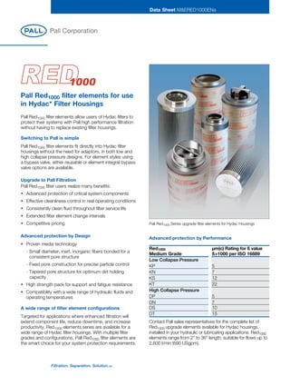 Pall Red1000 filter elements allow users of Hydac filters to
protect their systems with Pall high performance filtration
without having to replace existing filter housings.
Switching to Pall is simple
Pall Red1000 filter elements fit directly into Hydac filter
housings without the need for adaptors, in both low and
high collapse pressure designs. For element styles using
a bypass valve, either reusable or element integral bypass
valve options are available.
Upgrade to Pall Filtration
Pall Red1000 filter users realize many benefits:
•	 Advanced protection of critical system components
•	 Effective cleanliness control in real operating conditions
•	 Consistently clean fluid throughout filter service life
•	 Extended filter element change intervals
•	 Competitive pricing
Pall Red1000 filter elements for use
in Hydac* Filter Housings
Data Sheet M&ERED1000ENa
Pall Red1000 Series upgrade filter elements for Hydac Housings
A wide range of filter element configurations
Targeted for applications where enhanced filtration will
extend component life, reduce downtime, and increase
productivity, Red1000 elements series are available for a
wide range of Hydac filter housings. With multiple filter
grades and configurations, Pall Red1000 filter elements are
the smart choice for your system protection requirements.
Advanced protection by Design
•	 Proven media technology
	 - Small diameter, inert, inorganic fibers bonded for a
consistent pore structure
	 - Fixed pore construction for precise particle control
	 - Tapered pore structure for optimum dirt holding 		
	 	capacity
•	 High strength pack for support and fatigue resistance
•	 Compatibility with a wide range of hydraulic fluids and
operating temperatures
Contact Pall sales representatives for the complete list of
Red1000 upgrade elements available for Hydac housings
installed in your hydraulic or lubricating applications. Red1000
elements range from 2” to 36” length, suitable for flows up to
2,600 l/min (690 USgpm).
Red1000
Medium Grade
Low Collapse Pressure
KP
KN
KS
KT
High Collapse Pressure
DP
DN
DS
DT
µm(c) Rating for ß value
ß1000 per ISO 16889
5
7
12
22
5
7
10
15
Advanced protection by Performance
 