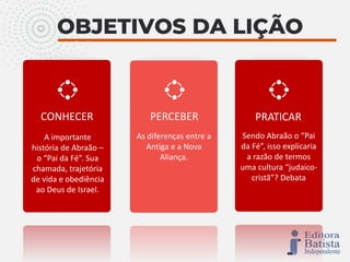 CONHECER PERCEBER PRATICAR
A importante
história de Abraão –
o “Pai da Fé”. Sua
chamada, trajetória
de vida e obediência
ao Deus de Israel.
As diferenças entre a
Antiga e a Nova
Aliança.
Sendo Abraão o “Pai
da Fé”, isso explicaria
a razão de termos
uma cultura “judaico-
cristã”? Debata
 